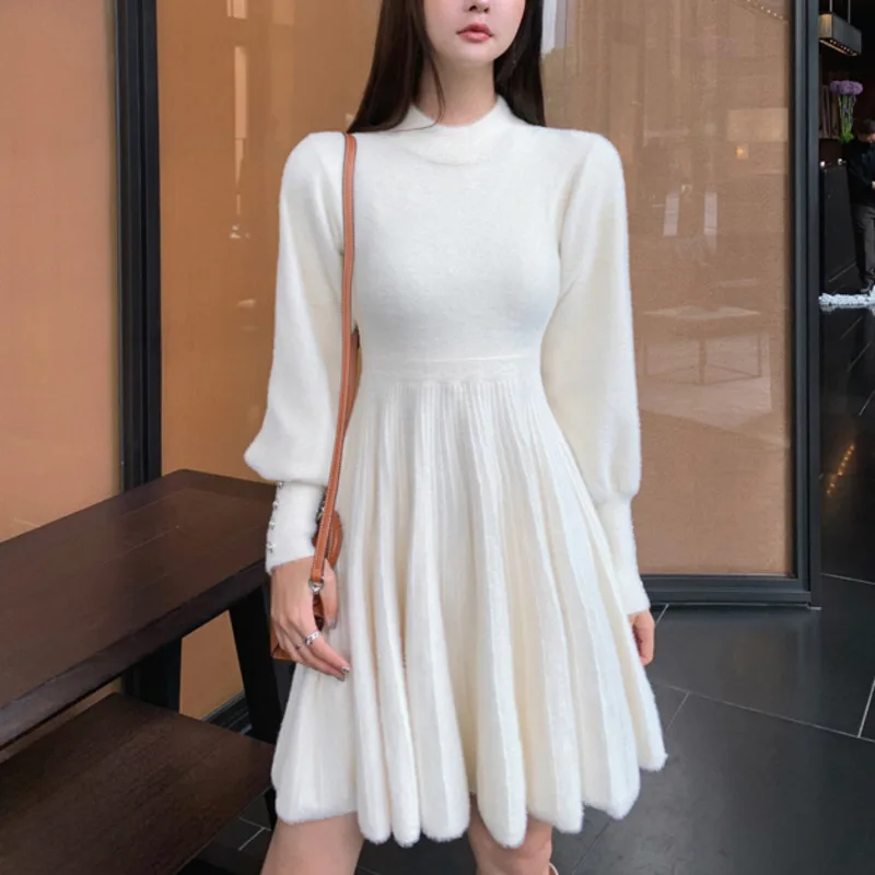 

High Quality Autumn Winter Knitted Sweater Dress Women Korean Sweet Vestidos Long Sleeve Button Casual Pull Mini Dress For Women