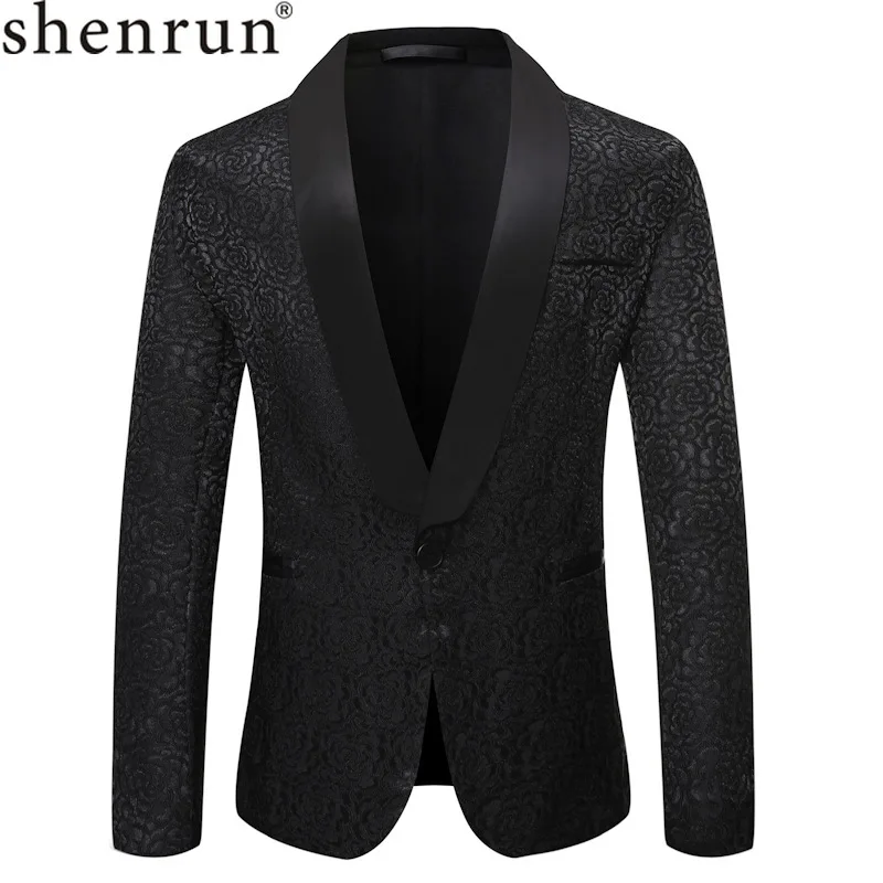 

Shenrun Men's Blazers Business Casual Black White Jacquard Jackets Shawl Lapel Groom Tuxedo Jacket Singer Host Stage Costumes