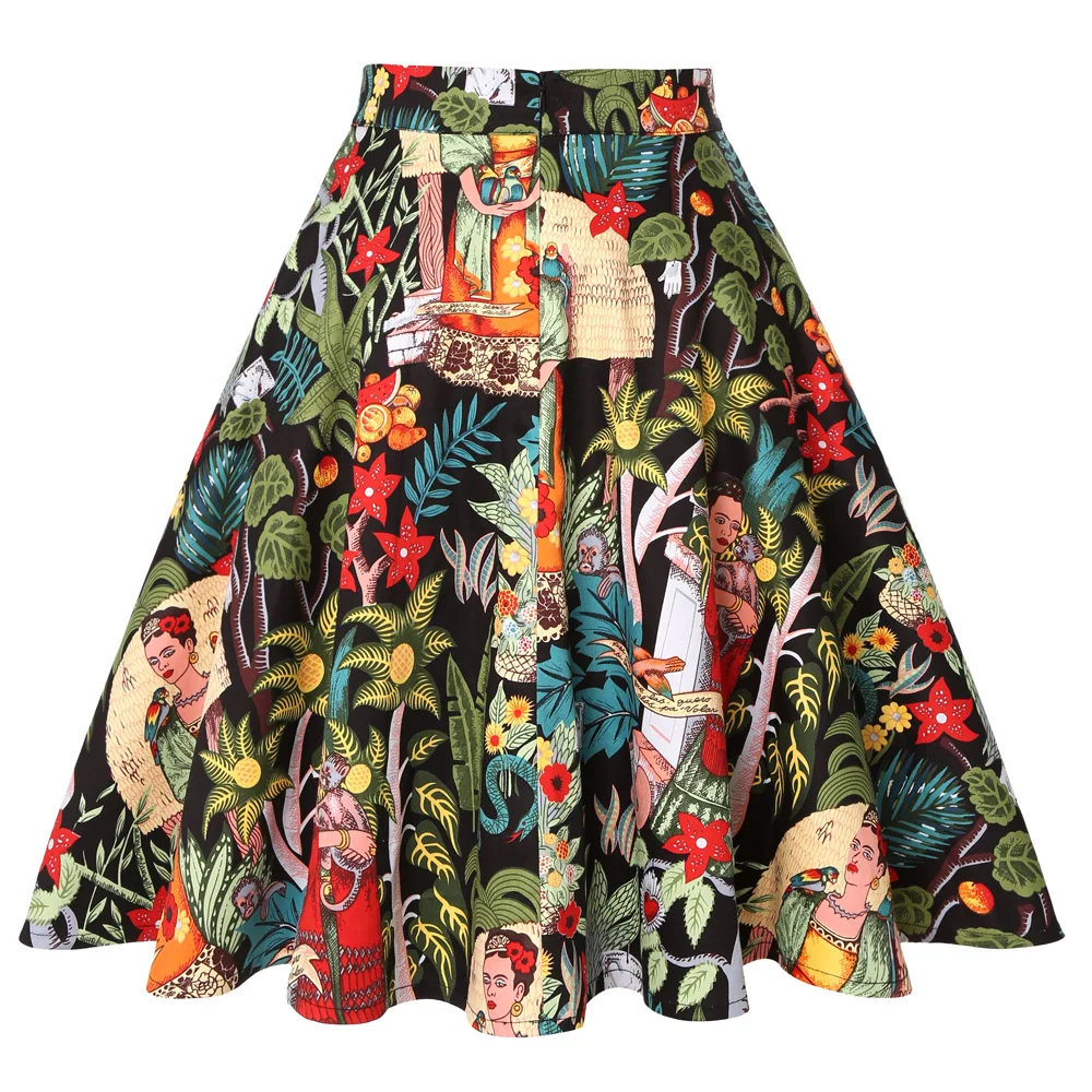 Women's Runway Cotton Retro Vintage Skirt Black Faldas High Waist A Line Rockabilly Jupe 50s Swing Umbrella Skirts Pin Up Skater 2