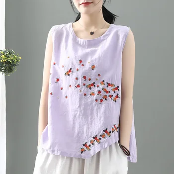 

Women Linen Tees Tanks Tops T Shirt Sleeveless Big Loose Embroidery Retro Vintage Fashion Casual for Summer AZ24541633