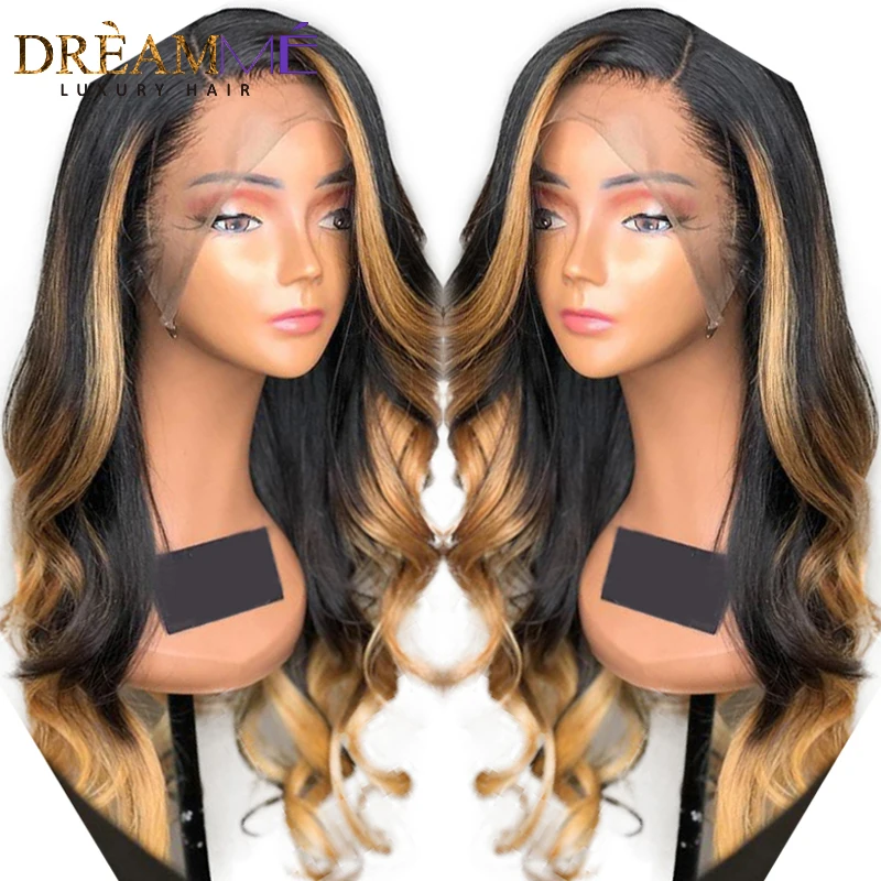 Ombre Blonde Highlight Lace Front Human Hair Wig 13X6 Remy Brazilian Wig Wavy Pre Plucked Lace Wig For Women M(middle ratio