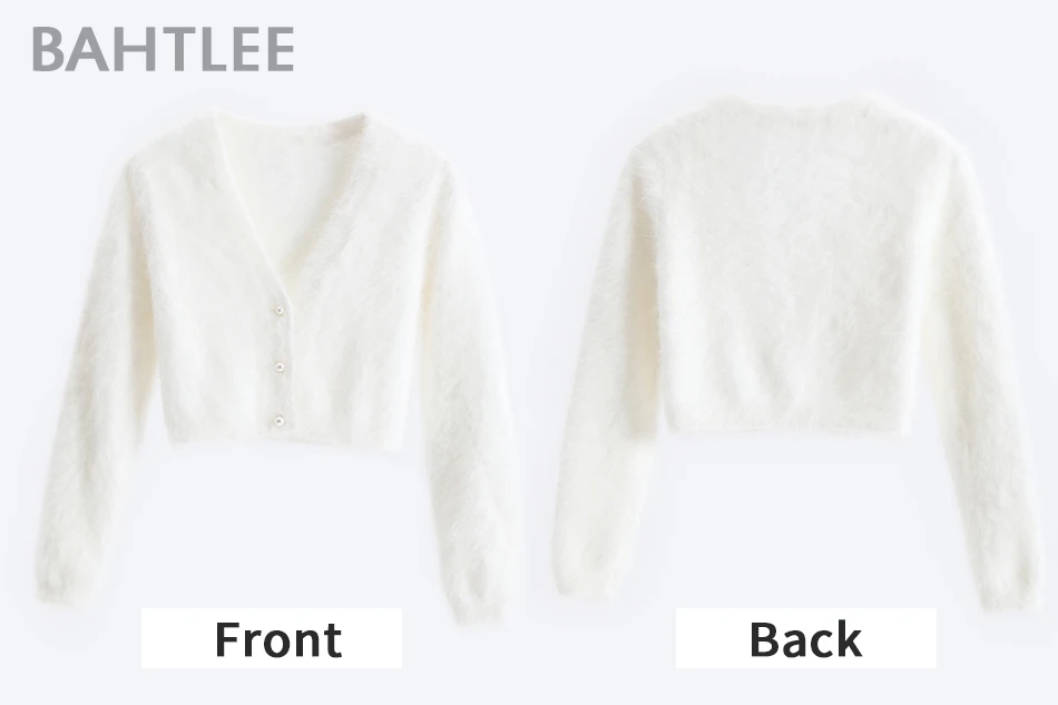 BAHTLEE Для женщин ангоры укороченные кардиганы свитер осенне-зимнее, связанное из шерсти джемпер пальто одежда с длинным рукавом и круглым вырезом, комплект из стиль обувь с жемчугом и с пряжкой