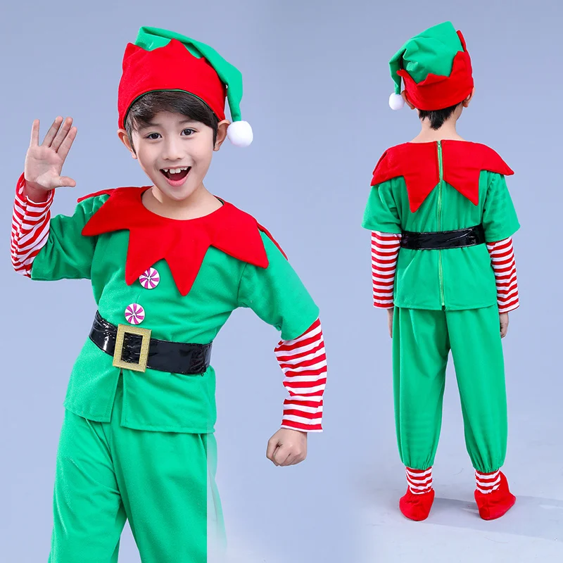 Kids Adults green Elf christmas Costumes Festival Santa Claus for Girls boys New Year baby clothing Fancy Party Dress 70-180cm