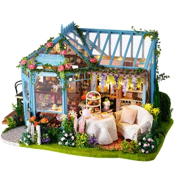 

Cute Room Diy Doll House Wooden Miniature Furniture with Led Kit Assemble Rose Garden Dollhouse with Dust Cover Toy for Childr