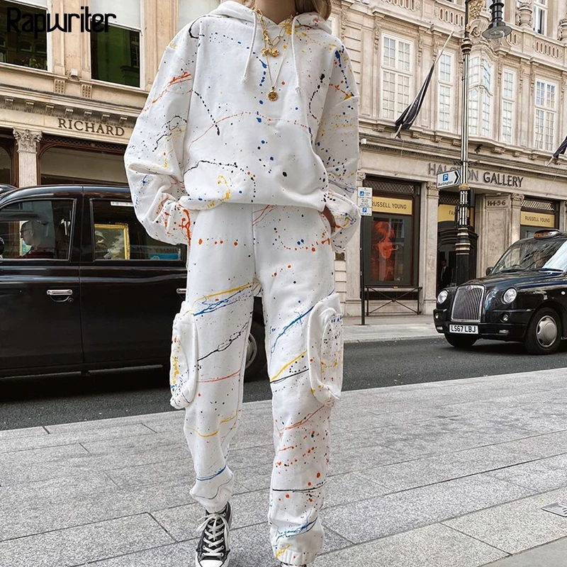 

Rapwriter harajuku Print High Waist Pants White Cargo Trousers Women Sumer 2020 Streetwear Side Pocket joggers women Sweatpant