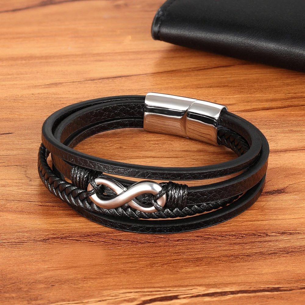 Men's Black Leather & Stainless Steel Bracelet - Double Layer Braided Infinity Charm 6 thumbnail image