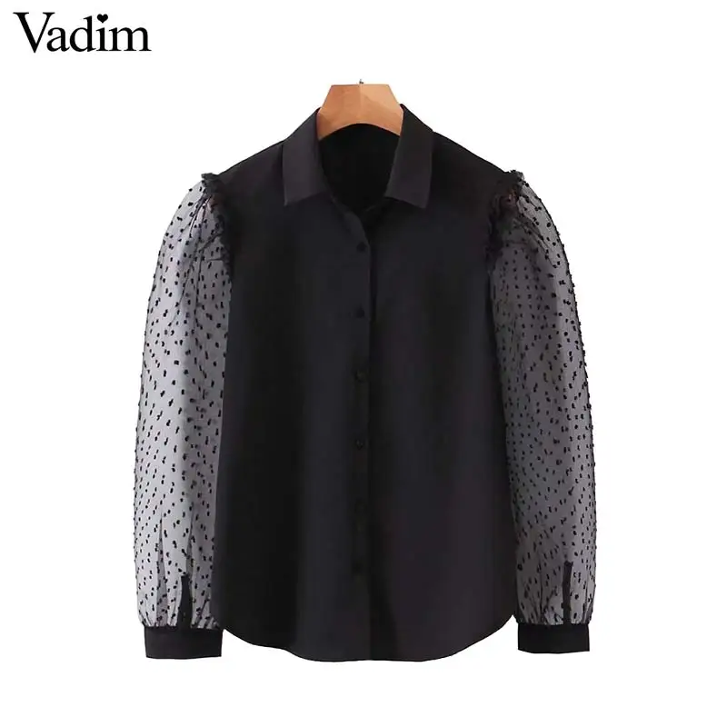 

Vadim women sexy black spliced blouses patchwork transparent sleeve shirts female casual stylish tops blusas mujer LB684