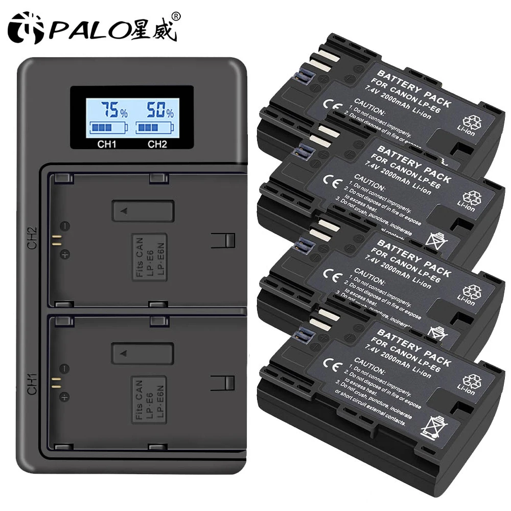 LP E6 LPE6 LP-E6 E6N 2000mAh batería + LCD cargador Dual para Canon EOS 5DS R 5D Mark II 5D Mark III 6D 7D 80D 90D EOS 5DS R Cámara