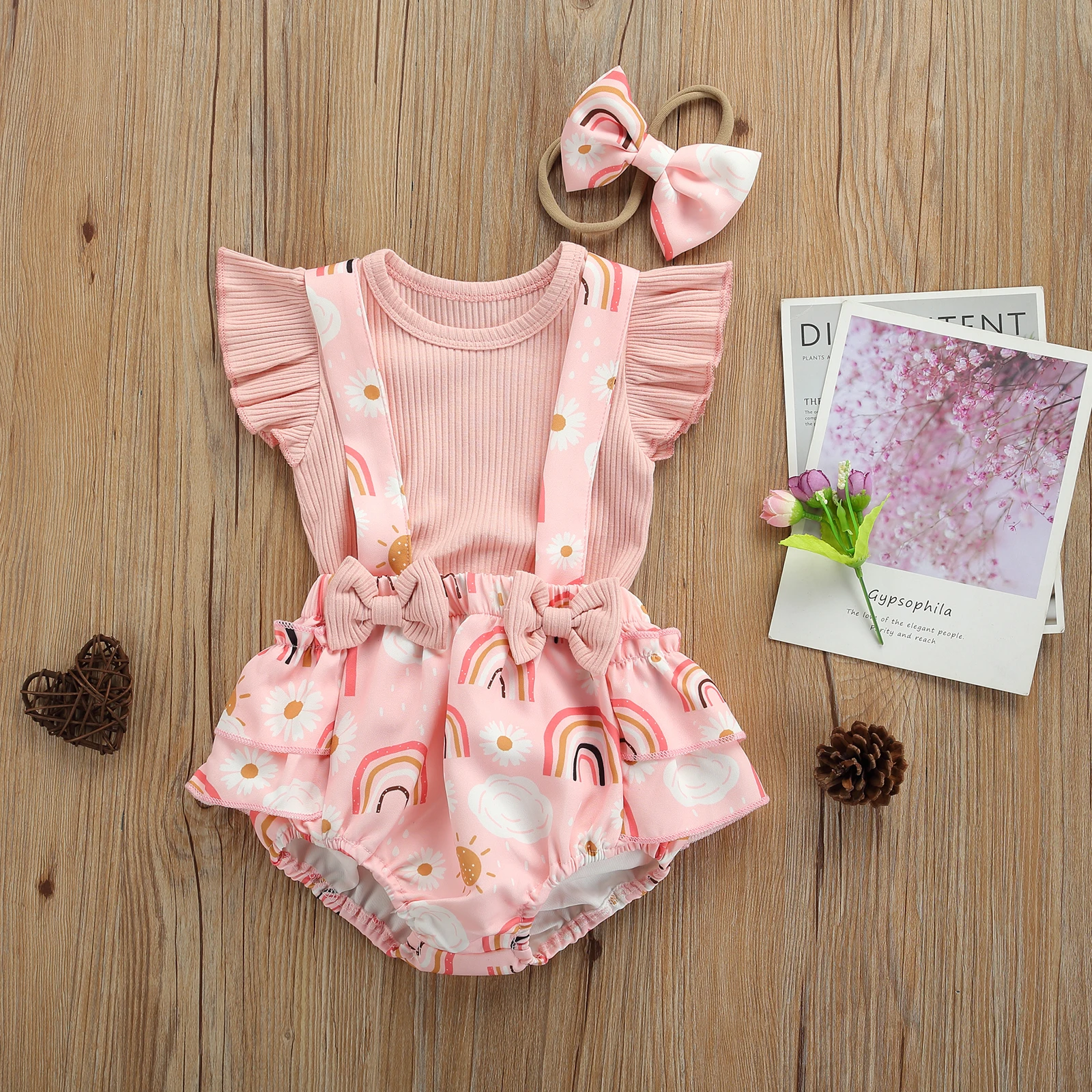 0-18 Months Baby Girls Summer Outfit Ribbed Ruffle Sleeves Tops + Rainbow Bib Pants Hair Rope Toddler Kids Infant 3Pcs | Мать и ребенок