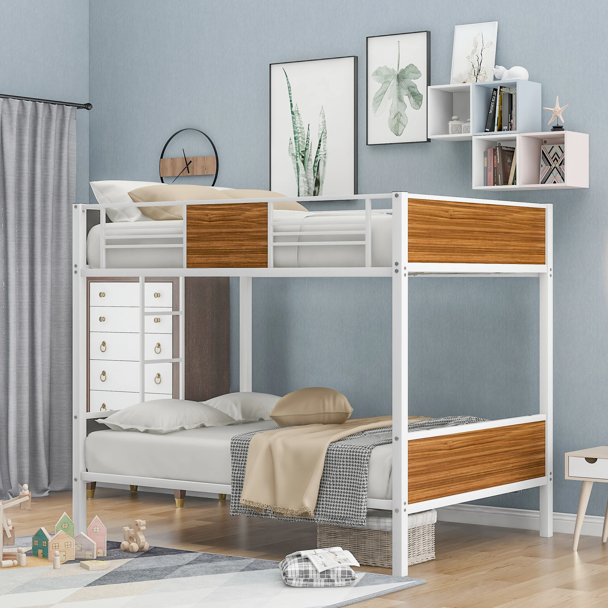 

Full-over-full bunk bed modern style steel frame bunk bed with safety rail, built-in ladder for bedroom, dorm, boys,girls,adults