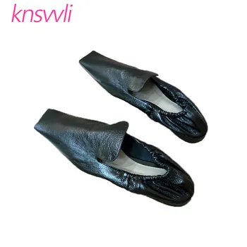 

Square Toe Flat Shoes Woman Black Pleated Leather Casual Comfort Soft Sole Shoes Ladies Slip On Lazy Shoes Zapatos De Mujer