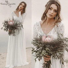 Кружевное свадебное платье в стиле бохо, длинные рукава, открытая спина, шлейф, шифоновое пляжное свадебное платье, платье невесты, vestido de noiva Boho