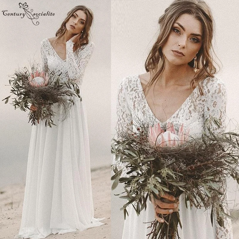 Кружевные свадебные платья в стиле бохо 2020 шифоновые пляжные с длинным рукавом и