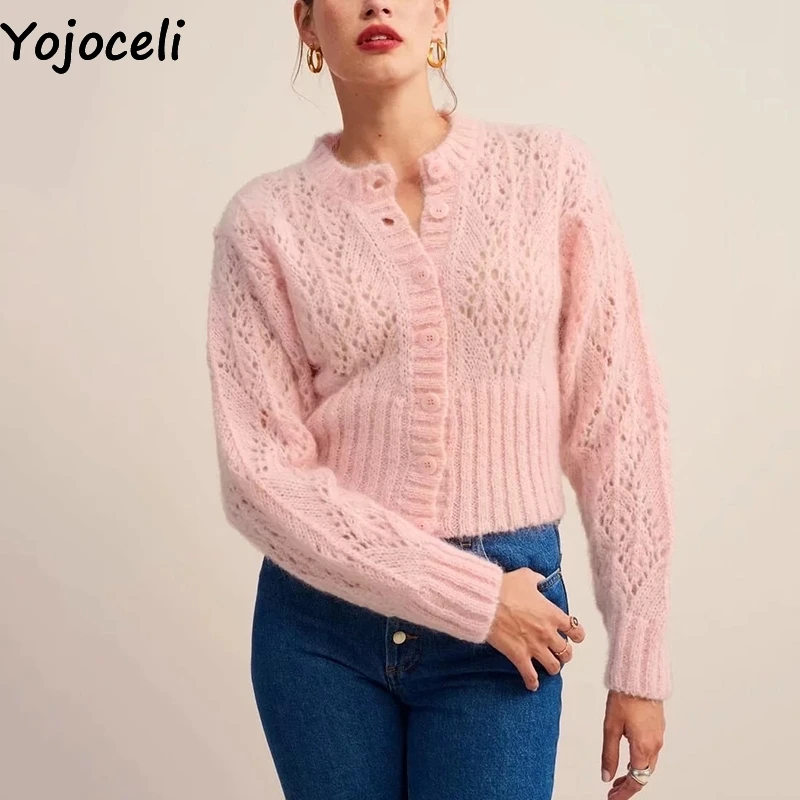 Yojoceli выдолбленный вязаный Повседневный свитер женский осенний крутой элегантный короткий вязаный Топ женский фитнес мягкий свитер кардиган