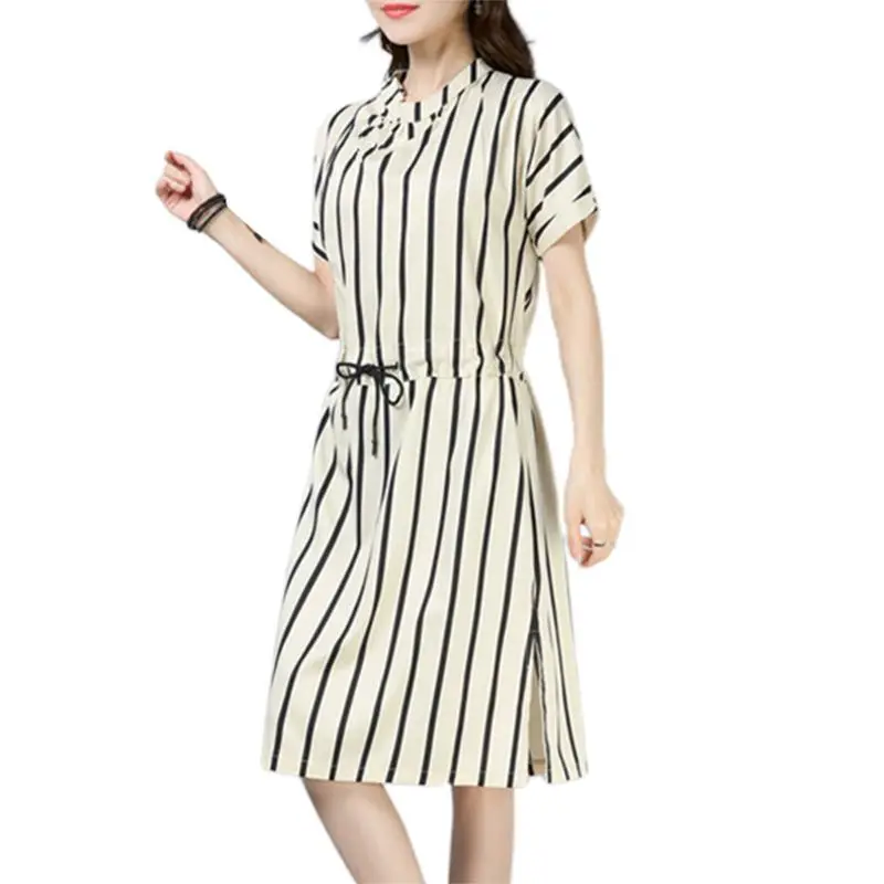 

Womens Plus Size Half Sleeves Striped Midi Dress Round Neck Button Up High Waist Drawstring Office Lady Slim Dress With BX0A