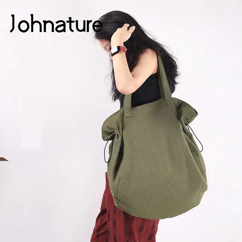 

Johnature Simple Cotton Linen Women Shoulder Bags Large Capacity Shopping Bag Versatile Solid Color Original Casual Tote