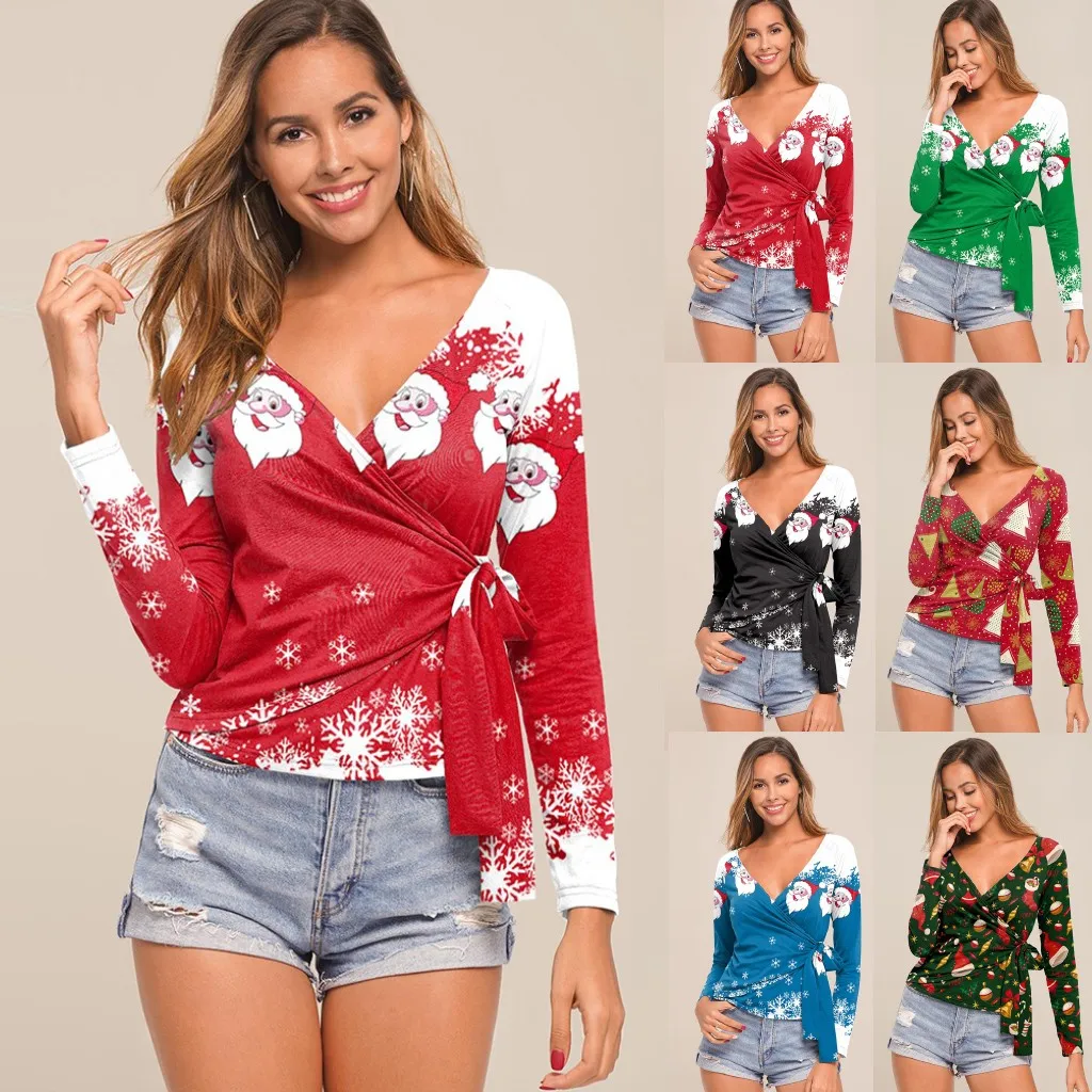 Рождественская женская рубашка, модный топ на шнуровке с длинным рукавом, Рождественский Санта Клаус, снежный принт, v-образный вырез, пуловер, топы, женская блузка, рубашка