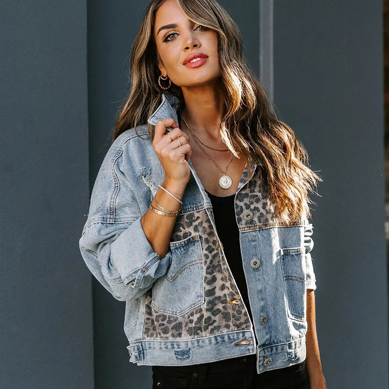 

2020 Winter Long-sleeved Jacket Denim European And American Style Leopard Print Stitching Lapel Short Jacket Jacket Women