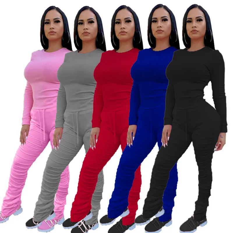 

2020 Autumn Women Suit Hot Style Model Solid Color Round Neck European And American Fashion Casual Two Piece Set