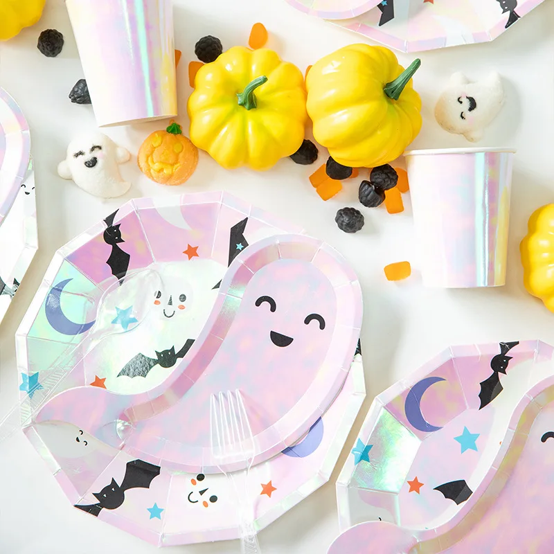 40pcs/set Halloween Party Paper Plate Disposable Cute Ghost Paper Dishes Kids Theme Party Supplies Home Decor Creative Tableware