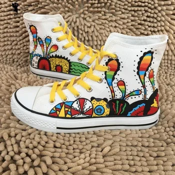 

US4-11 Women Preppy Canvas Flats High Top Sneakers Casual Graffiti Painting Shoes Breathable Rainbow Colors New Summer Plus Size