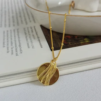 

100% Authentic 925 Sterling silver Gold geometric Disc Coin Pendant Wild charm beads Chain Necklace FINE Jewelry TLX588