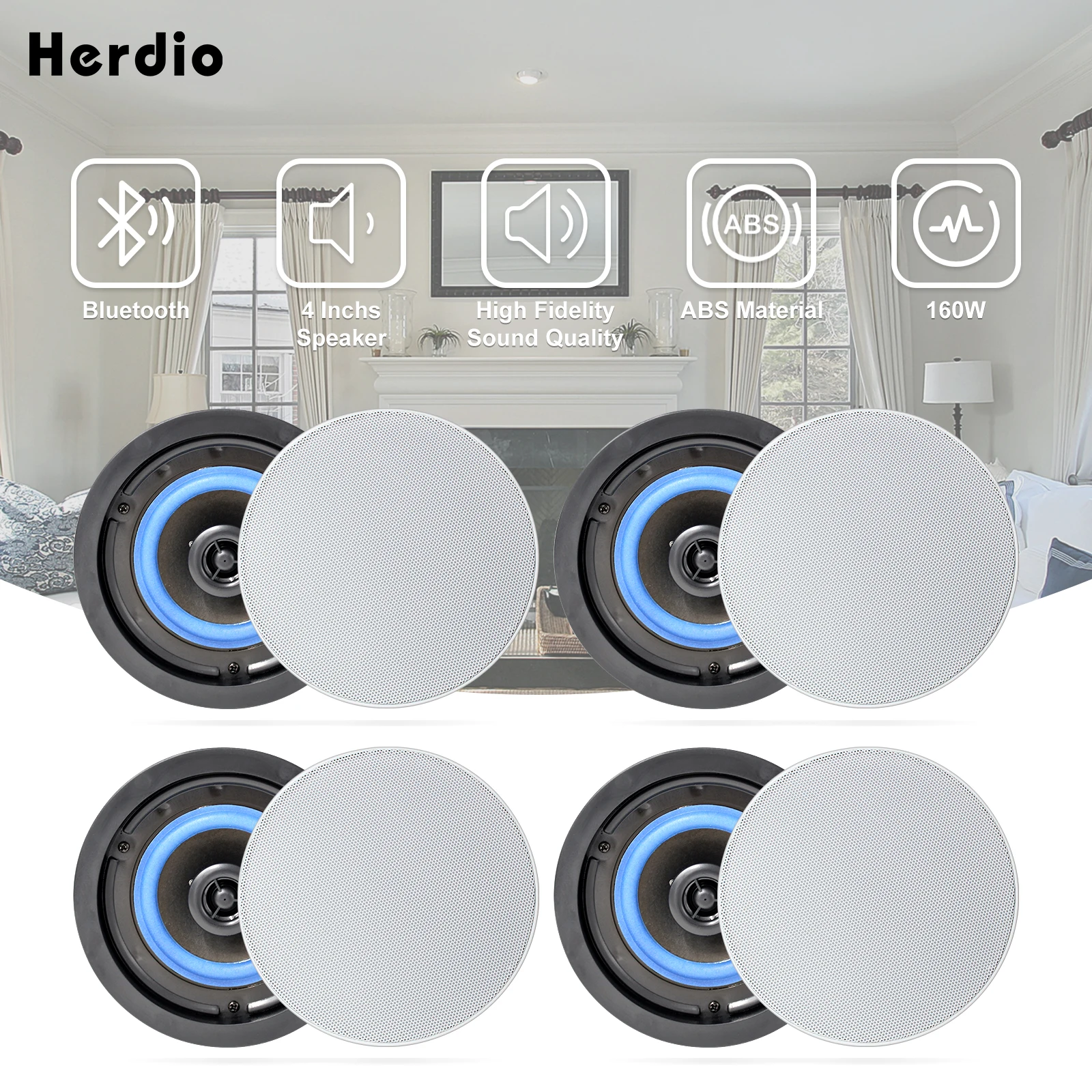 2 Pairs Herdio 4 Inches 320 Watts 2 Way Flush Mount Bluetooth Ceiling Speakers Perfect For Bathroom Kitchen Living Room Office