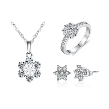

CSHOU100 Simple Snowflake Ring Necklace Earrings Jewelry Three-piece Christmas Fashion Jewelry Set