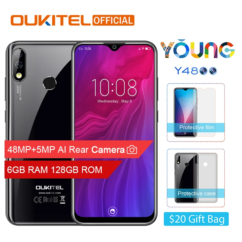 Мобильный телефон OUKITEL Y4800 6," 19,5: 9 FHD+ Android 9,0, четыре ядра, 6 ГБ ОЗУ, 128 Гб ПЗУ, отпечаток пальца, 4000 мА/ч, 9 В/2 А, смартфон для распознавания лица