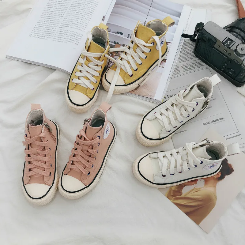 

Classic High-top Canvas Shoes Genuine Leather Kids Sneakers Side Zipper Boys Shoes Casual Black White Shoes Tenis Infantil 26-30