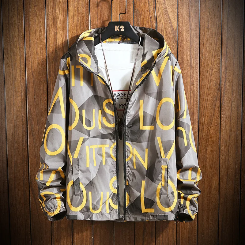 

Spring Autumn Couple Thin Windbreaker Jacket Mens Letter print street couple Jacket Coat Young Male Hooded bomber jacket 5XL