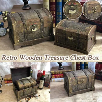 

S/L Retro Wooden Casket Pirate Treasure Chest Box With Lock / Original Jewelry Crystal Gem Storage Case Vintage Gift Holder Chic