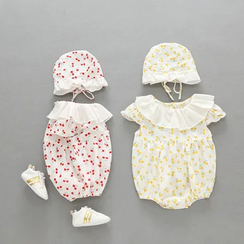 

Infant Clothing Newborn Baby Summer Short-Sleeved Cotton Jumpsuit Girls Clothes Cherry Printed Princess Romper+hat 2 PCS Set