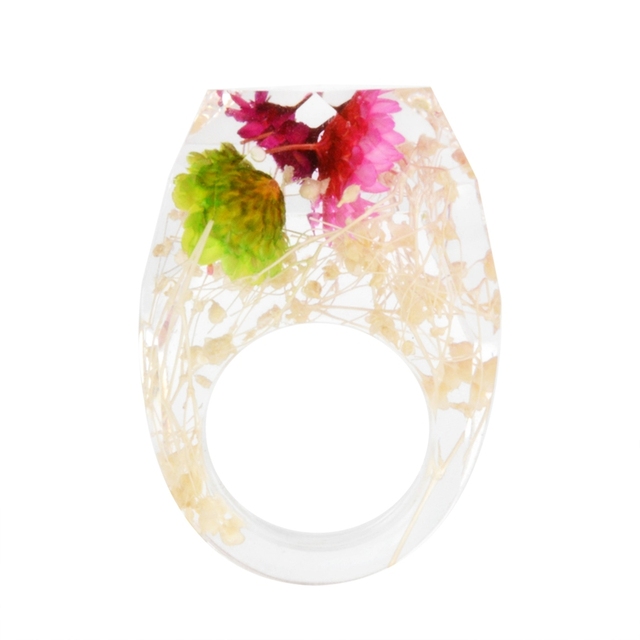 Transparent Forest Handmade Dried Flower Resin Ring Colorful Ink Pattern Scenery for Women Fashion Jewelry Ring