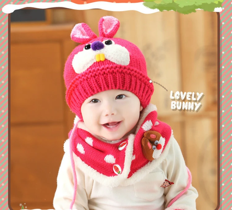 Детский комплект с шапочкой и шарфом для детей 1-4 лет, Зимний милый мультфильм, Корея, Теплый Бархатный шарф с кроличьим зубом, вязаная шапка, шарф, комплект - Цвет: Розовый