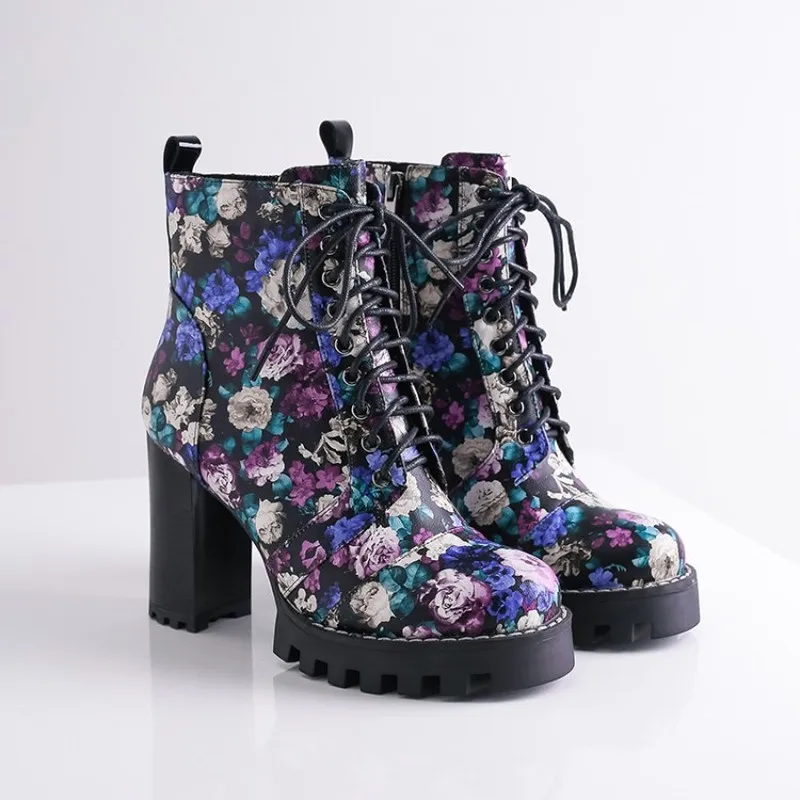 

US4-10 Womens Printed Floral Mixed Colors Ankle Boots Platform Block High Heel Martin Shoes Real Leather Lace Up Plus Size New