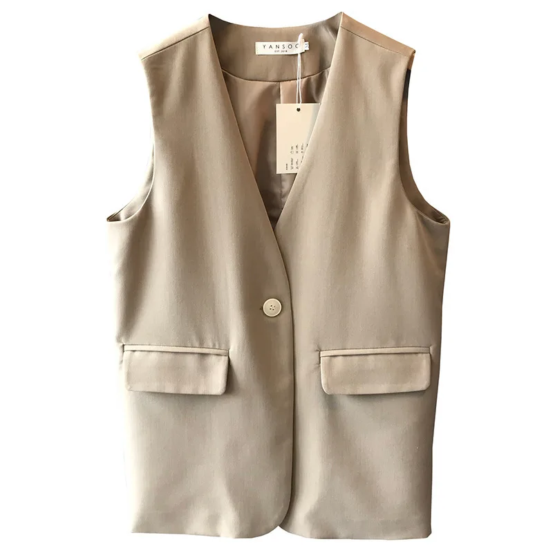 Mooirue Fall Women Suit Vest Sleeveless Beige Black Elegant Office V Neck Jacket Coat
