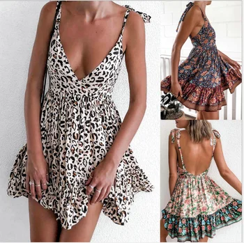 

Bohemian Style Women Summer Beach Dress Bandage Design Sling Sleeveless V-Neck Backless Leopard Flower Print Slim Sexy MiniDress