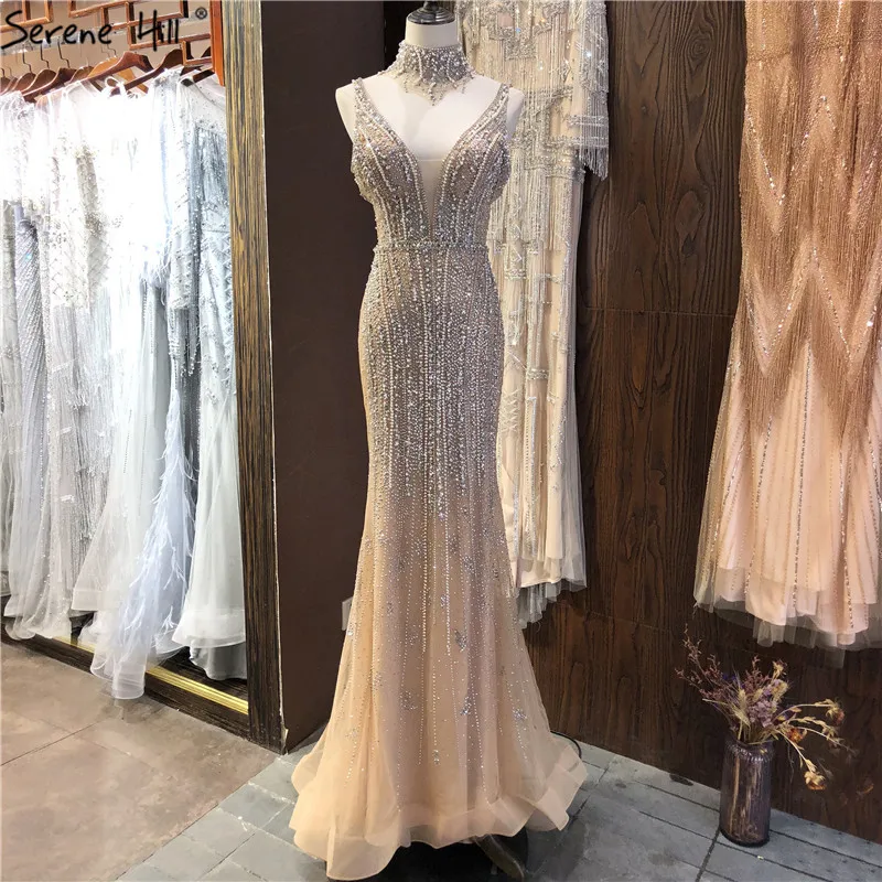 Золотой сет Дубай Бисер жемчуг элитное вечернее платье новейший дизайн! Платье с v-образным вырезом без рукавов сексуальное вечернее платье Serene Hill LA60896