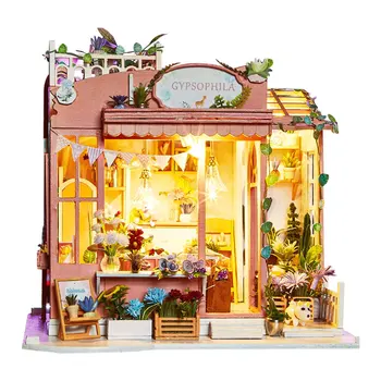 

Miniature Gypsophila Flower Room Dollhouse Model Wooden Furniture Led Light Puzzle Assemble Kits Toys For Children Birthday Gift