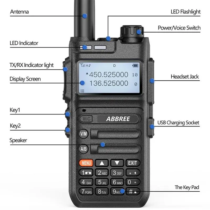 walkie talkie 5km range ABBREE AR-F5 8W Automatic Pairing Frequency Walkie-talkie Handheld Dual Frequency Dual Band136-520MHZ Transceiver Walkie Talkie walkie talkies for adults