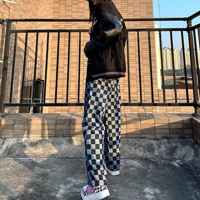 Women Wide-leg Pants Thin High-waist Lattice Female Trousers Straight-leg Sports Harajuku Casual Jeans Skateboard Loose Girls
