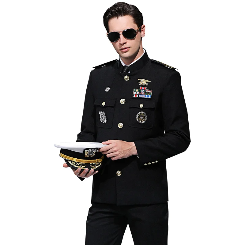 

Mens High Quality Navy Security Uniform Suits Men Slim Fit Stand Collar Performance Clothes Sets With Gifts Male Homme Costume