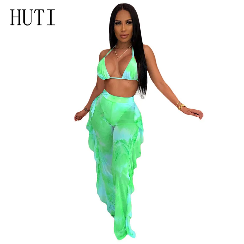 

HUTI Two Pieces Sets Sexy See Through Mesh Ruffles Print Jumpsuits Deep V Neck Backless Club Party Bodysuits Womens Overalls