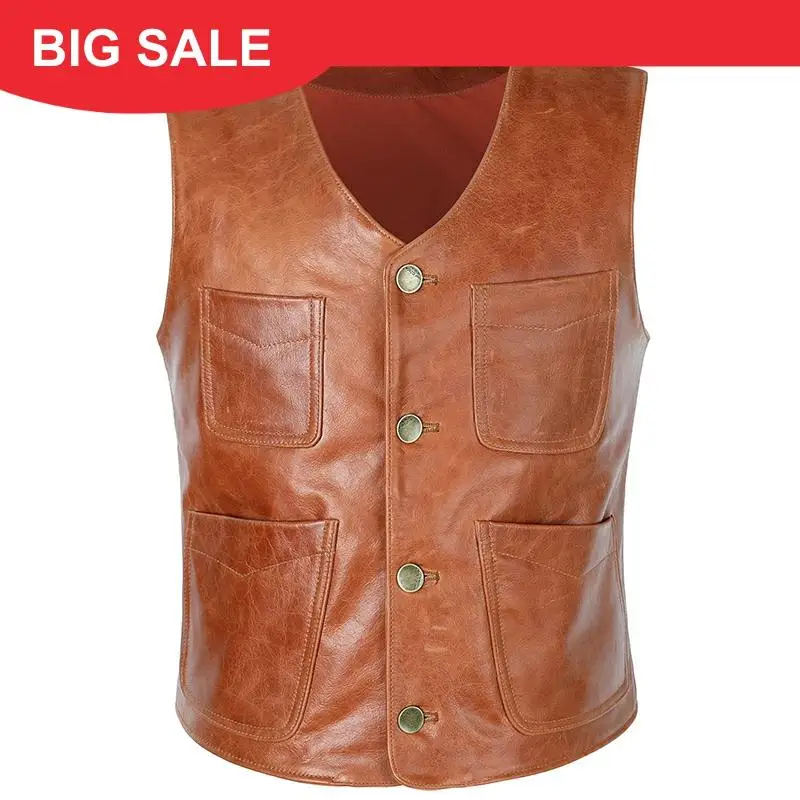 

2020 Light Brown Men Four Pockets Casual Leather Vest Genuine Cowhide Autumn Slim Fit Short Natural Leather Vest FREE SHIPPING