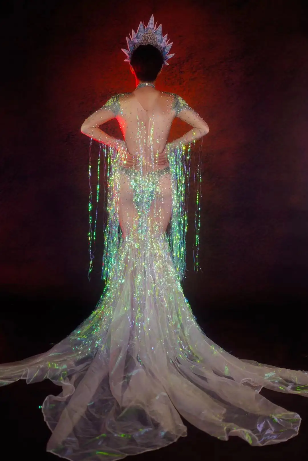 Sparkly Crystal Evening Dress Rhinestone Sequins Party Mermaid Long Dress Women Stretch Nude Singer Stage Wear