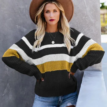 

Casual loose stitched knit top round neck contrast long sleeve sweater