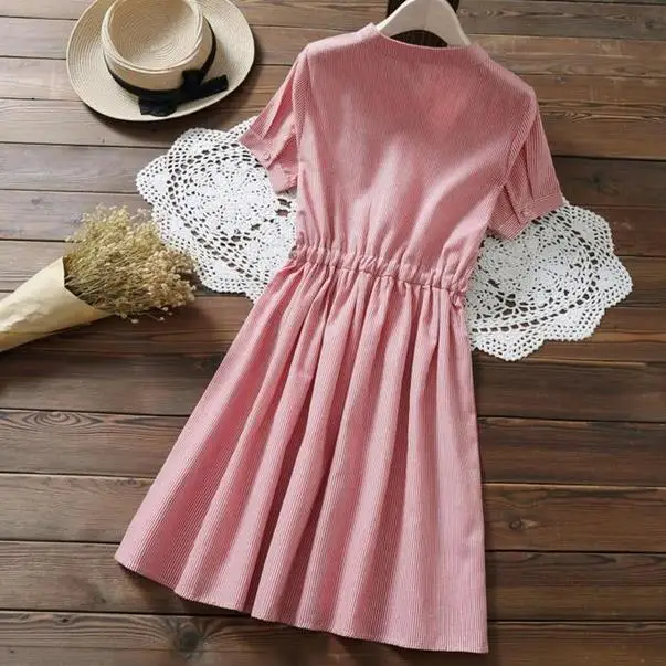 2020 Japanese Mori Girl Summer Women Embroidery Dress Pink Stripe Flower String Cotton Linen Cute Kawaii Chic AE744 | Женская одежда
