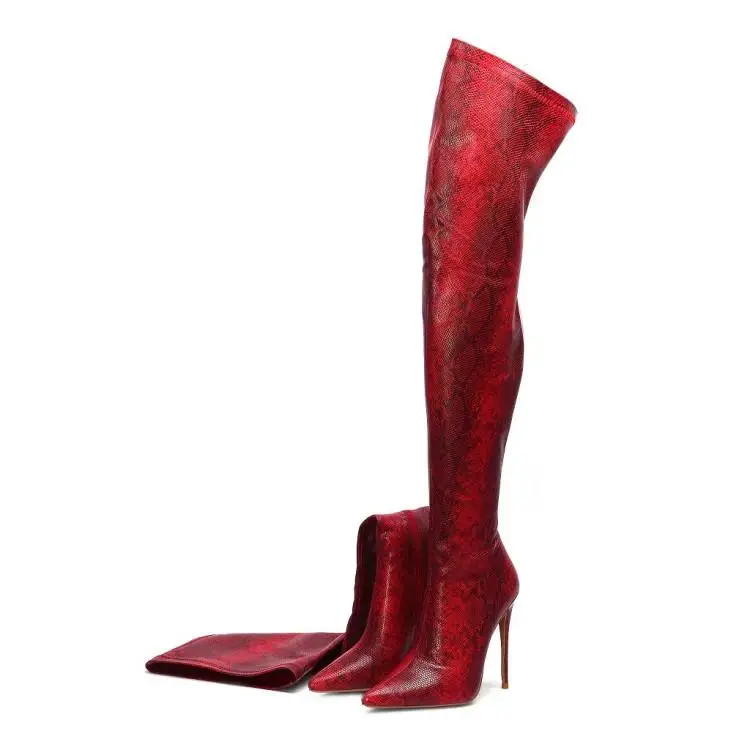 Prova Perfetto; женские облегающие высокие сапоги; Сапоги выше колена со змеиным принтом; пикантная обувь с острым носком на высоком каблуке; женская обувь; botas mujer - Color: red