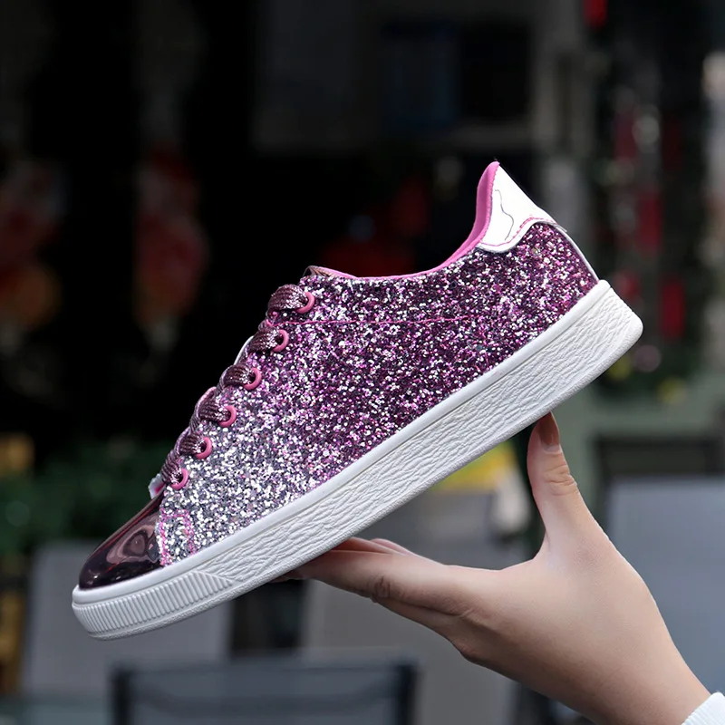 

Women Flat Sneakers Glitter Shining Sport Shoes Bling Chunky Pink Green Black Tenis Feminino Shoes Woman Sneakers